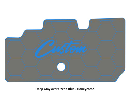 Dura-Deck Basscat Cougar custom EVA foam bass boat flooring in deep gray over ocean blue honeycomb pattern